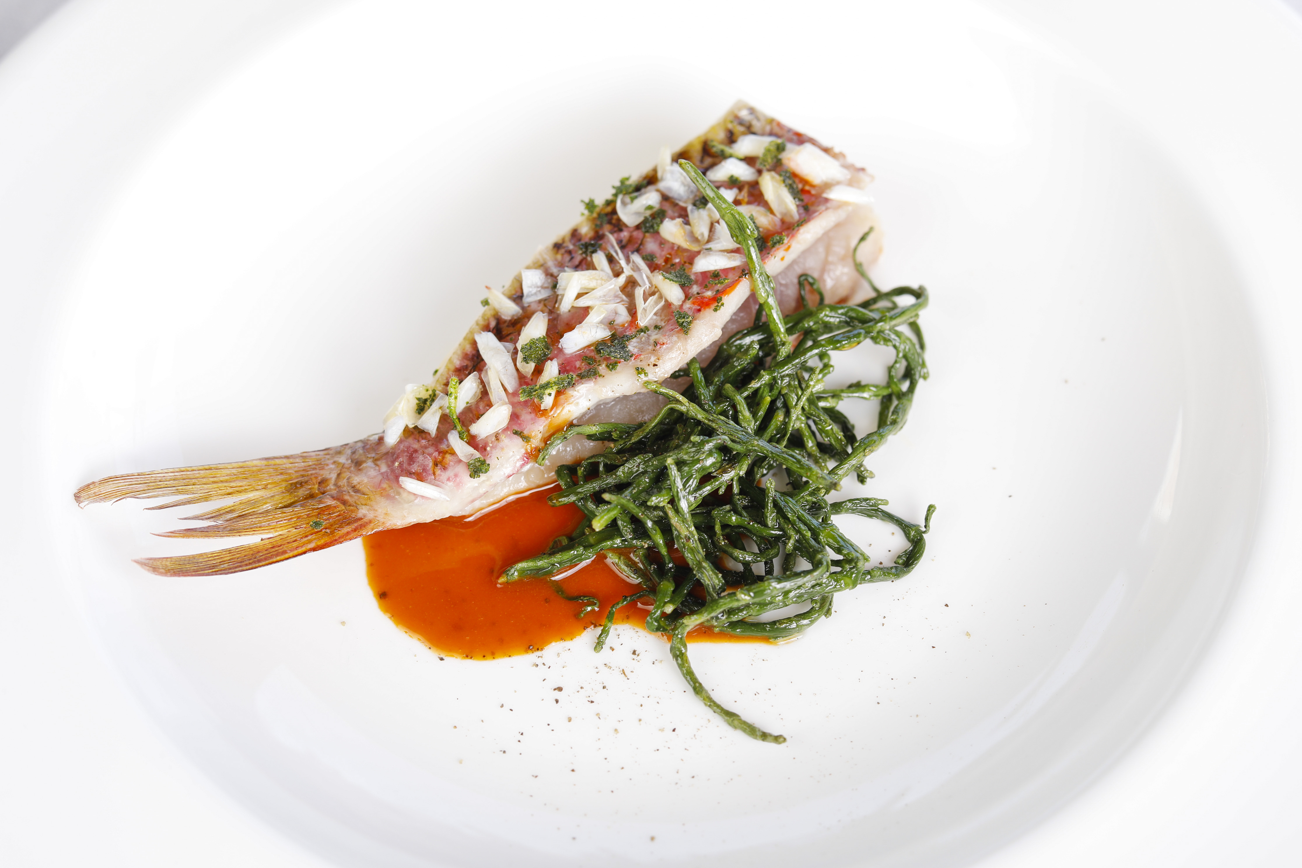 Mullet with its offal and Cacciucco Sauce, Salicornia, Oil and Lemon