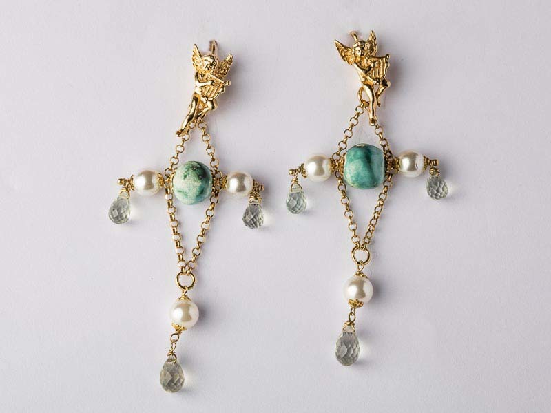 Silver earrings with pearls and ceramic