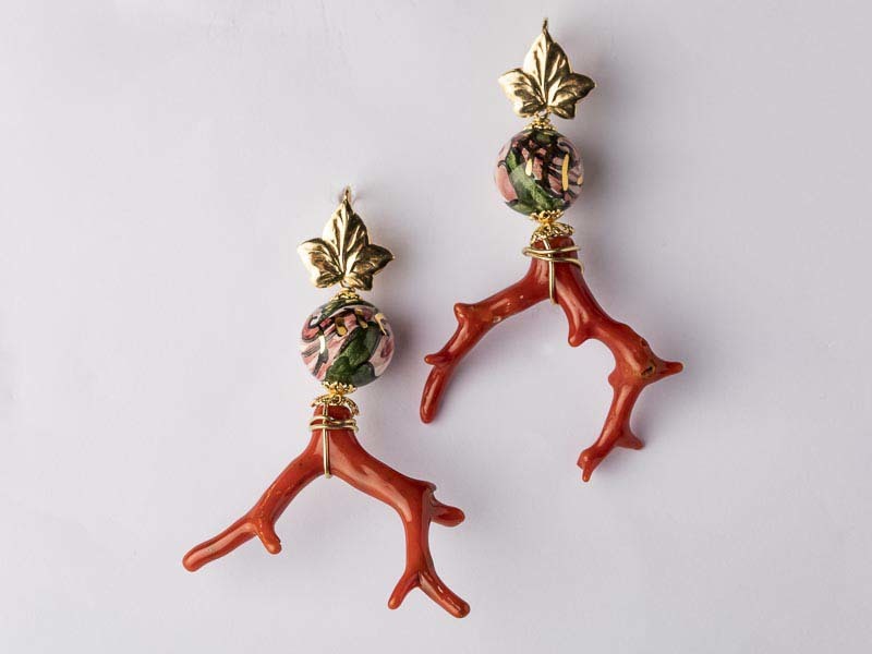 Coral branch earrings with pink-green ceramic boule