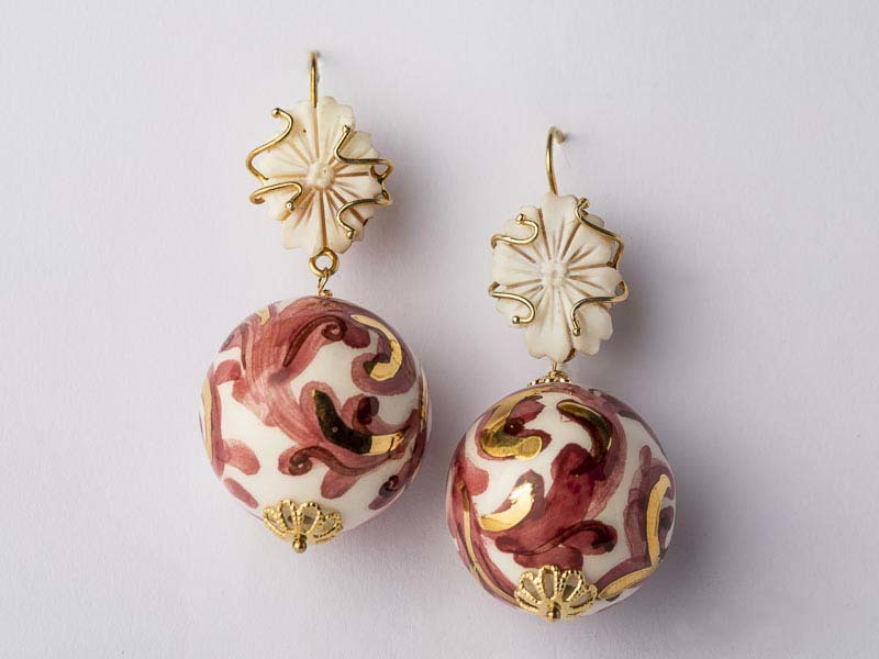 Ceramic boule earrings with silver hook and cameo