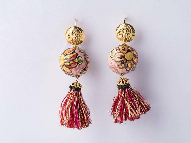Ceramic boule earrings with fringe