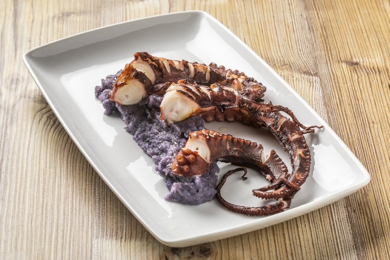Grilled Octopus with purple potato cream.